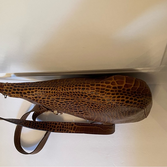 LONGCHAMP BAG CROSSBODY SHOULDER BROWN CROC LOOK LEATHER ZIP TOP SILVER HARDWARE - Picture 5 of 14